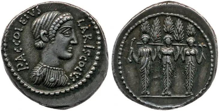 Roma Cumhuriyet Dönemi’ne ait gümüş sikke; ön yüzünde Diana Nemorensis büstü, arka yüzünde ise Diana, Hekate ve Selene’den oluşan üçlü tanrıça figürü tasviri